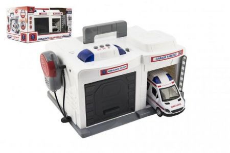 Teddies Garáž + auto ambulance 15 cm plast na baterie se světlem se  zvukem