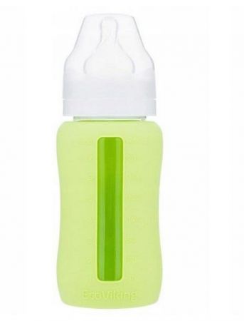 EcoViking Kojenecká lahev skleněná 240 ml široká silikonový obal  Zelená hrášková
