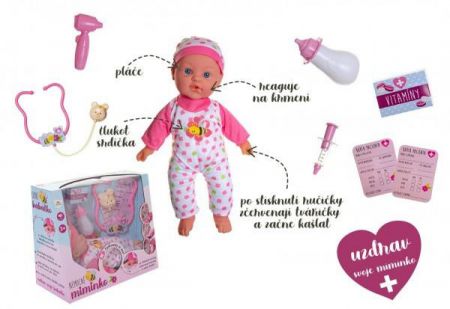 Teddies Nemocné miminko měkké tělo na baterie se zvukem a světlem 36 cm