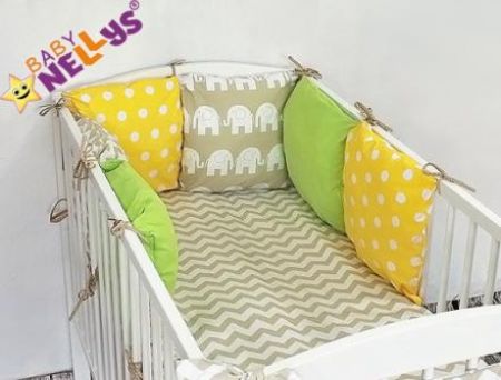 Baby Nellys  Polštářkový mantinel s povlečením SLONI ZELENO-ŽLUTO-BÉŽOVÁ 120 x 90 cm