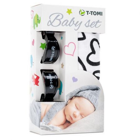 T-tomi Baby set - bambusová osuška + kočárkový kolíček Black hearts