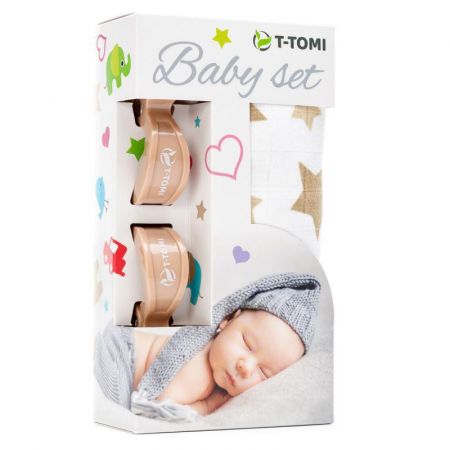T-tomi Baby set - bambusová osuška + kočárkový kolíček Beige stars