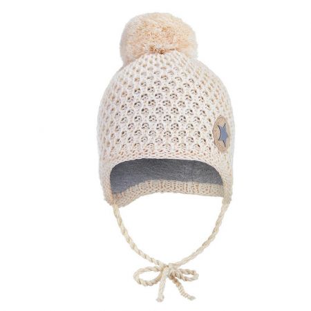 Little Angel (DITA) Čepice pletená zavazovací drobný vzor bambule Outlast® Natur melír Vel. 4 (45-48 cm)