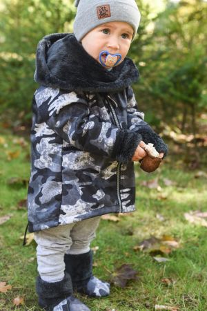 maskáčový softshellový kabátek s kapucí a šálou - 1-3 roky