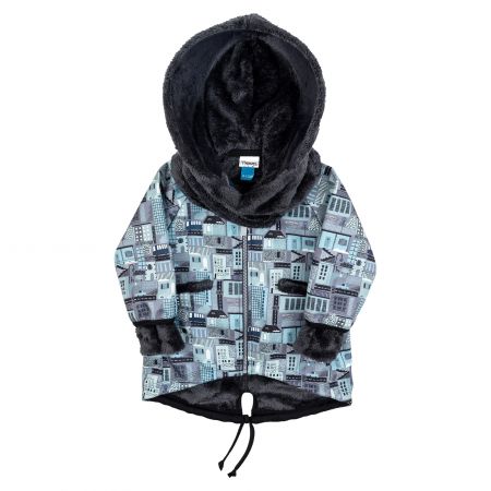 modro-černý softshellový kabátek s kapucí a šálou - 9-12kg