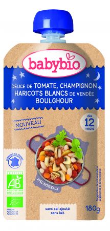 Babybio Doypack Good night rajčata se žampióny, bílými fazolemi a bulgurem 12. měsíce, 180g