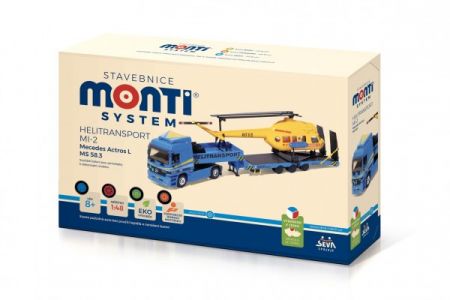 SEVA Stavebnice Monti System MS 58.3 Helitransport MI-2 Mercedes Actros L 1:48 v krabici 31,5x21x8cm