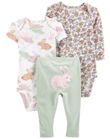 CARTERS CARTER'S Set 3dílný body kr. rukáv, body dl. rukáv, legíny Green Bunny holka LBB 24m