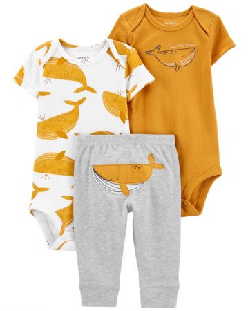 CARTERS CARTER'S Set 3dílný body kr. rukáv 2ks, tepláky Mustard Whale kluk 3m