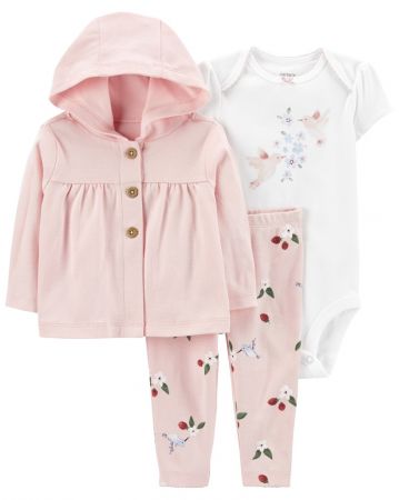 CARTERS CARTER'S Set 3dílný body kr. rukáv, cardigan, legíny Pink Hummingbird holka NB/ vel. S 56