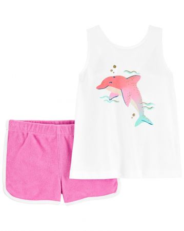 CARTERS CARTER'S Set 2dílný triko na ramínka, kraťasy Pink Dolphin holka 12m