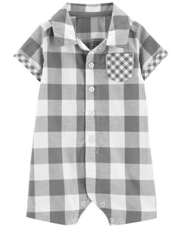 CARTERS CARTER'S Overal letní krátký rukáv Grey Gingham kluk NB