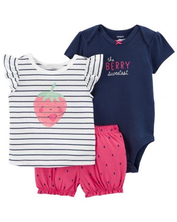 CARTERS CARTER'S Set 3dílný body kr. rukáv, triko kr. rukáv, kraťasy Strawberry Stripes holka 6m