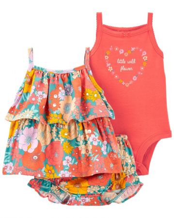 CARTERS CARTER'S Set 3dílný triko na ramínka, body na ramínka, kraťasy Orange Flowers holka 9m