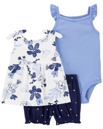 CARTERS CARTER'S Set 3dílný triko na ramínka, body na ramínka, kraťasy Blue Flowers holka 24m