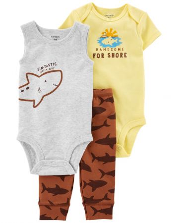 CARTERS CARTER'S Set 3dílný tepláky, body kr. rukáv, body bez rukávů Brown Shark kluk 3m