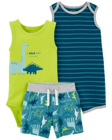 CARTERS CARTER'S Set 3dílný overal letní kr. rukáv, body bez rukávů, kraťasy Stripes Dinos kluk 3m