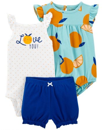 CARTERS CARTER'S Set 3dílný body na ramínka, body kr. rukáv, kraťasy Blue Orange holka 24m