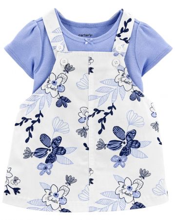 CARTERS CARTER'S Set 2dílný body kr. rukáv, šaty na kšandy Blue Floral dívka NB/ vel. 56