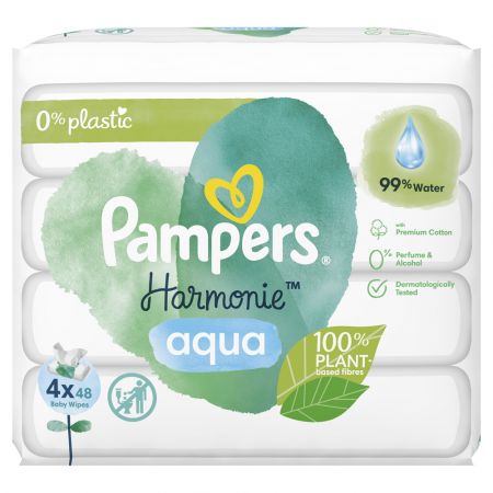 Pampers PAMPERS Harmonie Aqua vlhčené ubrousky Plastic Free 4x48 ks = 192 ks