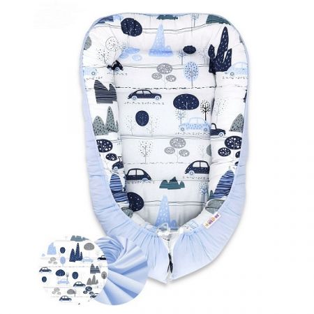 BABY NELLYS oboustranné hnízdečko VELVET Auta v Aleji/Modrá