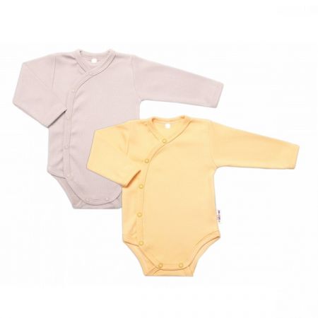 BABY NELLYS bavlněné body s dlouhým rukávem BASIC PASTEL Žlutá/Béžová 2ks vel. 62