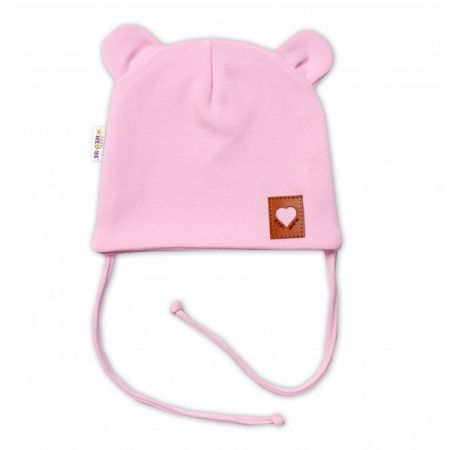 BABY NELLYS bavlněná čepice s oušky na zavazování TEDDY Růžová vel. 80/86