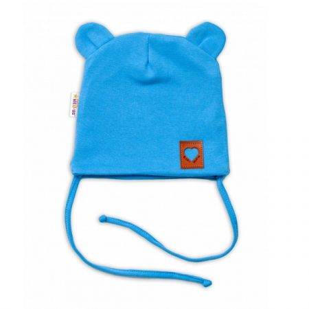 BABY NELLYS bavlněná čepice s oušky na zavazování TEDDY Modrá vel. 68/74