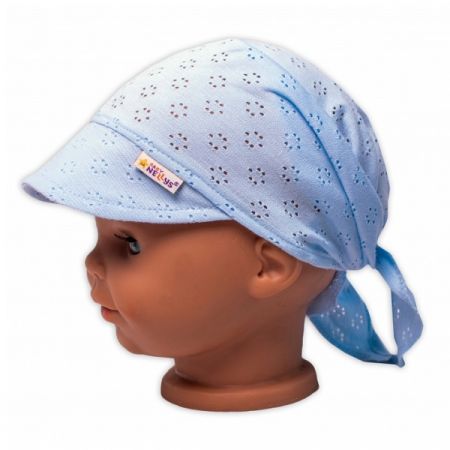 BABY NELLYS dětský síťovaný šátek s kšiltem na zavazování Světle Modrá vel. 92/104
