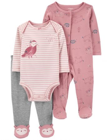 CARTERS CARTER'S Set 3dílný overal, polodupačky, body dl. rukáv Pink Owl dívka NB/ vel. 56