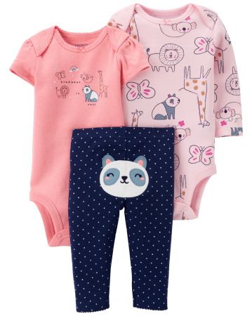 CARTERS CARTER'S Set 3dílný body dl. rukáv, body kr. rukáv, legíny Pink Panda dívka LBB NB/ vel. 56