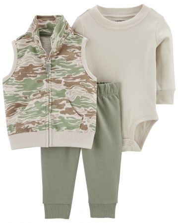 CARTERS CARTER'S Set 3dílná vesta, tepláky, body dl. rukáv Green Camo kluk NB/ vel. S 56