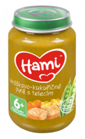 HAMI HAMI Hráškovo-kukuřičné pyré s telecím (200 g) maso-zeleninový příkrm