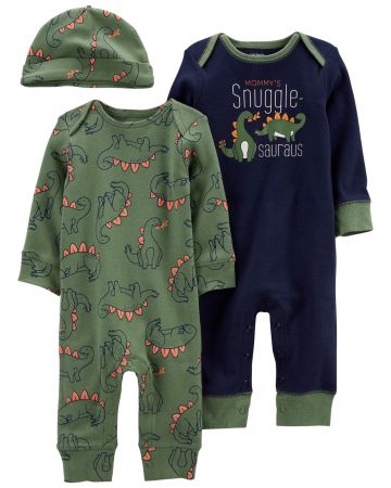 CARTERS CARTER'S Set 3dílný overal na druky bez nožiček 2ks, čepice Dino chlapec LBB 3m, vel. 62