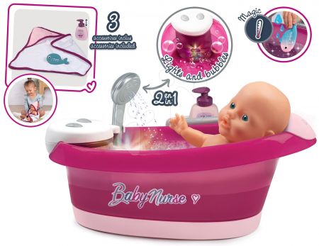 Smoby SM220362 Vanička s tekoucí vodou elektronická Violette Baby Nurse  s jacuzzi koupelí a Led osvětlením pro 42 cm panenku