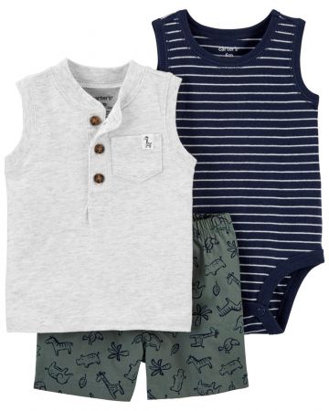 CARTERS CARTER'S Set 3dílný body tílko, tričko bez rukávů, kalhoty kr. Grey Henley chlapec 3 m, vel. 62