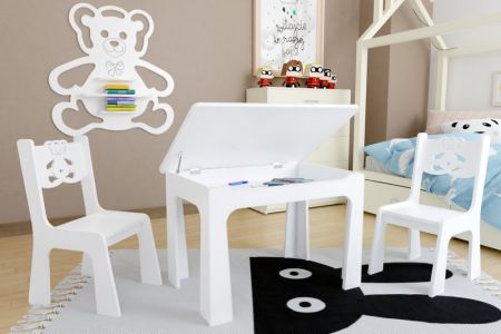 Dětský stůl s úložným prostorem a židlemi Medvídek - bílý
