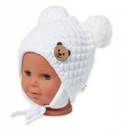 BABY NELLYS Zimní pletená čepice Teddy Bear na zavazování, bílá, smetanová, 68/80, (6-12m), 68-80 (6-12m)