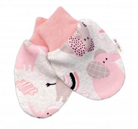 Baby Nellys Bavlněné kojenecké rukavičky Sloníci - růžový lem, 56-62 (0-3m)