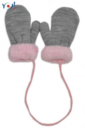 YO ! YO! Zimní kojenecké rukavičky s kožíškem - se šňůrkou YO - šedé/růžový kožíšek, 110 cm, 110 (4-5r)