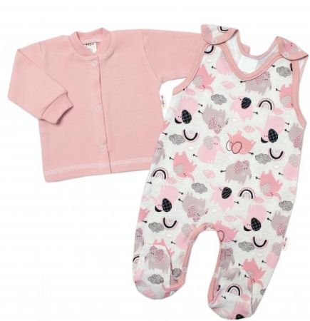 Baby Nellys 2-dílná sada, bavlněné dupačky s košilkou Sloníci, růžová, 56 (1-2m)