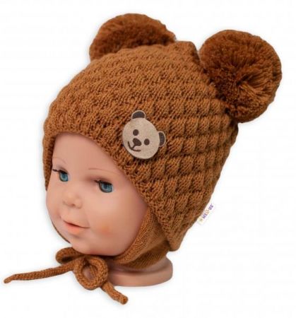 BABY NELLYS Zimní pletená čepice Teddy Bear na zavazování, hnědá, 68/80, (6-12m), 68-80 (6-12m)