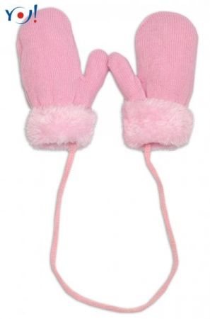 YO ! YO! Zimní kojenecké rukavičky s kožíškem - se šňůrkou YO - sv. růžové/růžový kožíšek, 80-92 (12-24m)