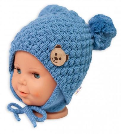 BABY NELLYS Zimní pletená čepice Teddy Bear na zavazování, modrá, 68/80, (6-12m), 68-80 (6-12m)