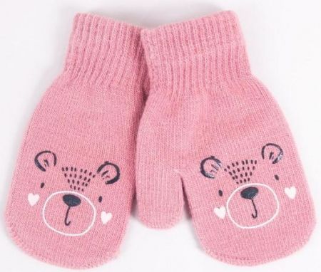 YO ! YO! Zimní dívčí rukavičky se šňůrkou Medvídek - růžové, 80-92 (12-24m)