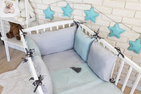 Baby Nellys Sada polštářkový mantinel Vafel s povlečením - mátová, šedá, 120x90