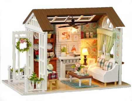 Ikonka Dřevěný model obývacího pokoje pro panenky k sestavení LED 8008-A