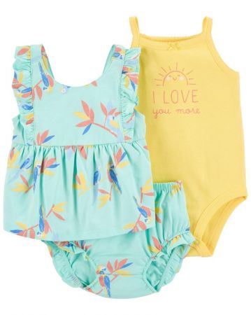 CARTERS CARTER'S Set 3dílný body na ramínka, tílko, kalhotky Blue Floral holka 12m