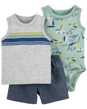 CARTERS CARTER'S Set 3dílný body bez rukávů, tílko, kraťasy Grey Cars kluk NB