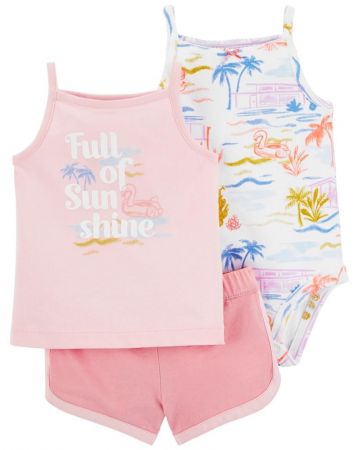 CARTERS CARTER'S Set 3dílný body na ramínka, tílko, kraťasy Pink Sunshine holka 6m